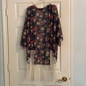 Floral pattern cardigan/shawl with fringe